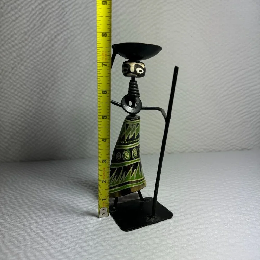 Vintage Handcrafted Tribal Candle Holder With African Motif Metal & Cow Horn - Picture 8 of 8